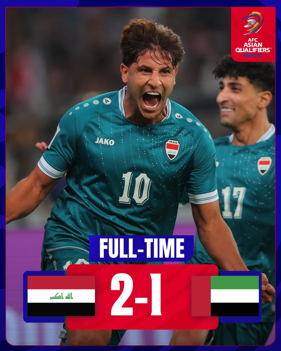 afcasiancup's tweet image. 𝗙𝗧 | 🇮🇶 Iraq 2️⃣-1️⃣ UAE 🇦🇪

A breathtaking finish in Basra as the hosts strike with the final kick of the match, capping off a drama-filled night to book their place in the FIFA Intercontinental Playoffs!

#AsianQualifiers | #IRQvUAE