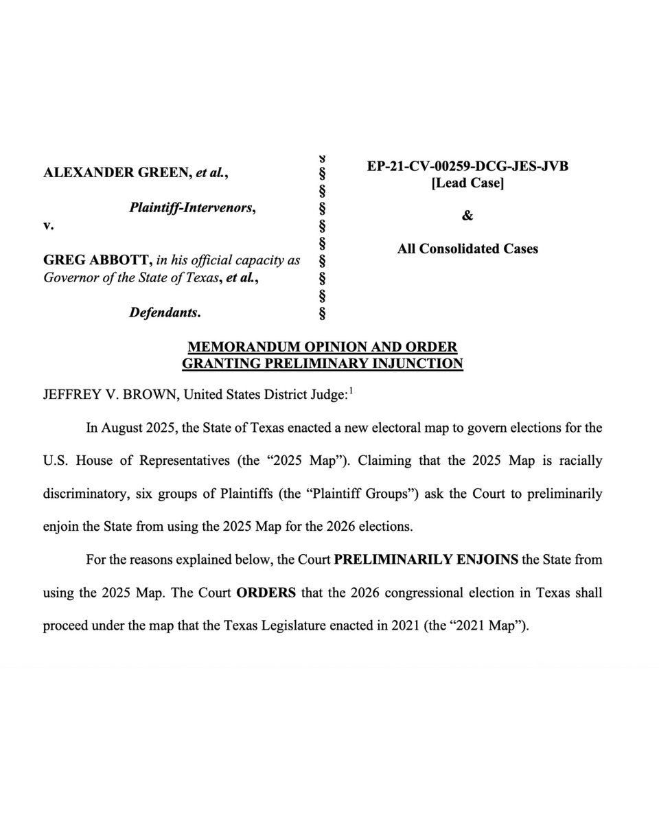 🚨 BREAKING: A federal judge has just BLOCKED Texas from implementing their new Congressional maps, which would add 5 Republican House seats

Yet CALIFORNIA is being allowed to get away with it.

THIS JUDICIAL TYRANNY MUST END!