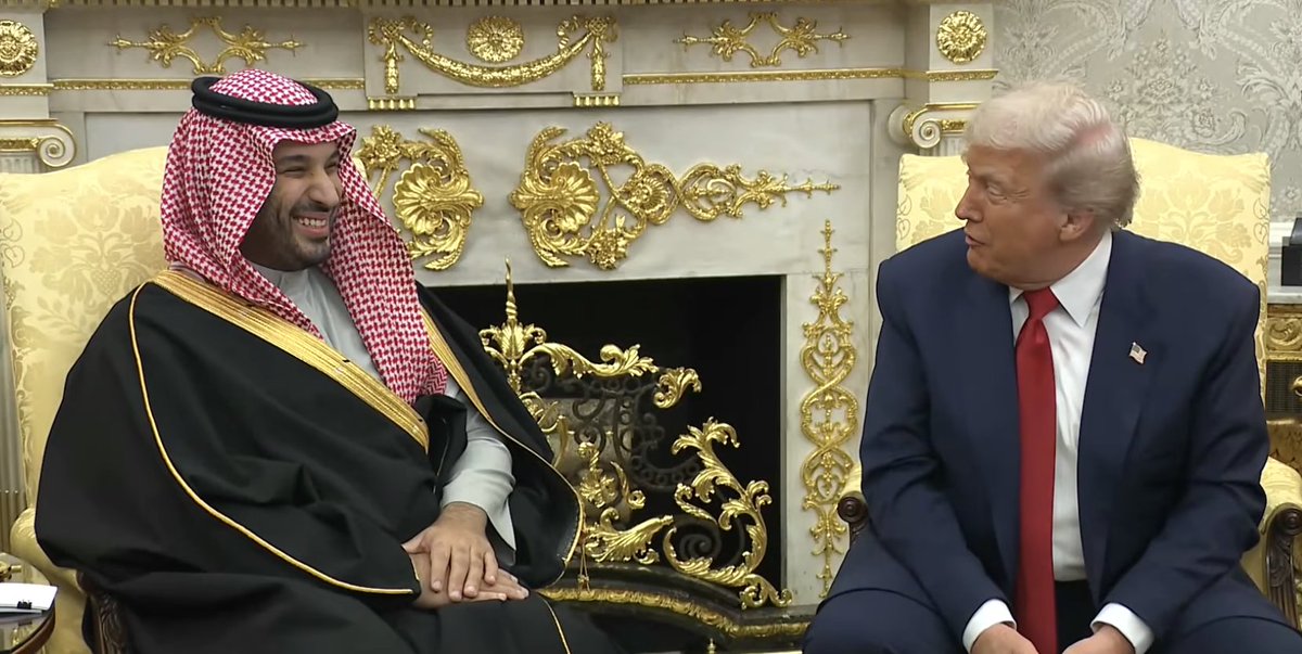 leventkemaI's tweet photo. Initial results from the Trump–MBS meeting so far:

· Defence agreement ✔
· F-35 sale ✔ 
· $1 trillion Saudi investment ✔
· AI investments  ✔
· Civil nuclear deal  ✔
· Signing of the Abraham Accords in exchange
for a two-state solution in Palestine (Loading...) https://t.co/qPb0Cbcir4