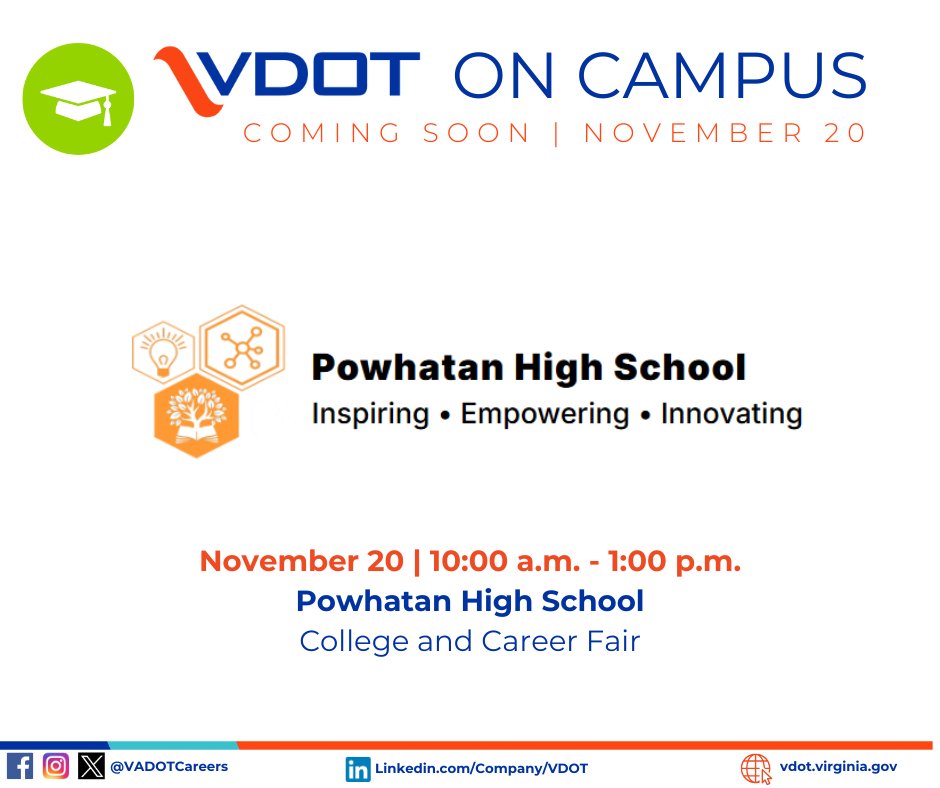 vadotcareers's tweet image. We’re excited to visit Powhatan High School! 🚗💨 Whether you’re looking for hands-on experience now or exploring your future after college, VDOT has a path for you.​ Learn more: vdot.virginia.gov/careers

#PowhatanVA #VirgniaCareers #EntryLevel