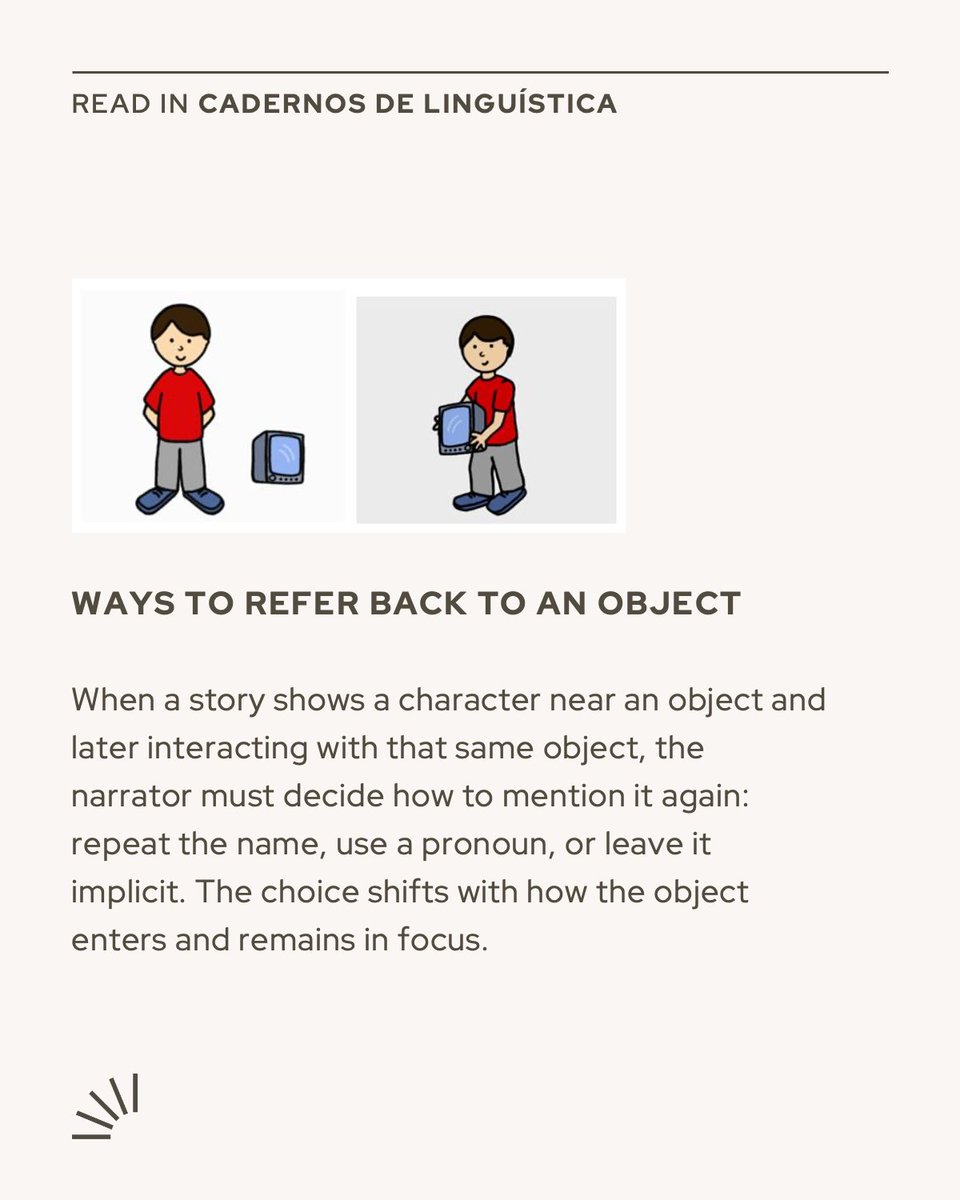 In Brazilian Portuguese, the type of entity being talked about changes how speakers refer to it again in a story. Lira and Corrêa show that this factor drives the choice between saying the noun again, using a pronoun, or leaving it unspoken.
doi.org/10.25189/2675-…