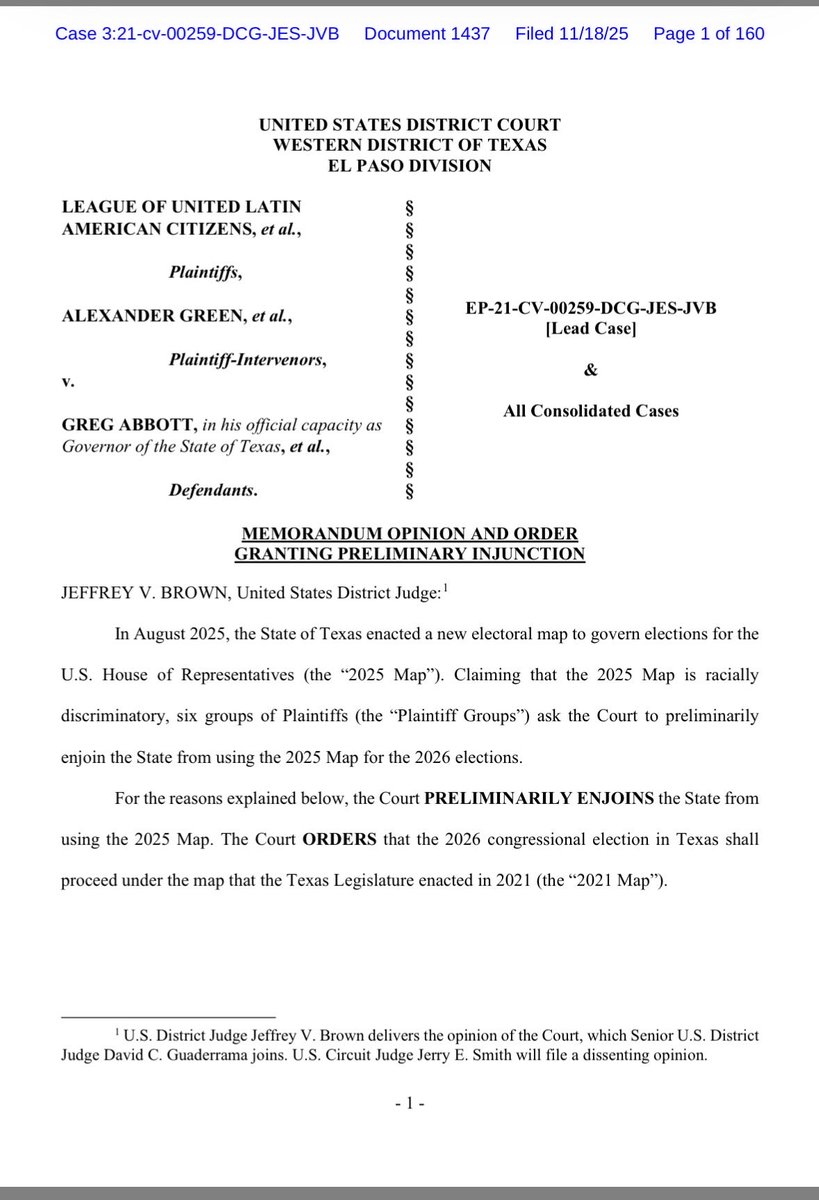 cbs11jack's tweet image. BREAKING: A three judge panel at federal court in El Paso blocks the state of Texas from using its newly approved 2025 Congressional maps for next year’s elections.  The 2021 maps will remain in place. TX will likely appeal this directly to the U.S. Supreme Court. @CBSNewsTexas
