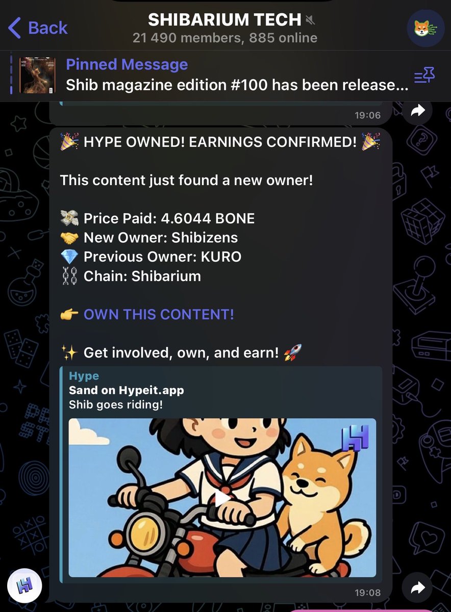 SHIBARIUM TELEGRAM UPDATE 

Hype is now fully synced with Shibarium powered by Bone.
Any content posted and bought on Hype with any token on Shibarium will show up here.
Hype supports more chains, but this stream shows only Shibarium activity.

Fast. Clean. Unified. <a href="/letsHypeIt/">hypeit.app 🚀</a>