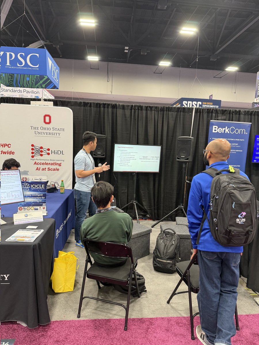 mvapich's tweet image. Kicking off many of the students talks at our #SC25 booth is PhD Student Tu Tran, focusing on #MPI apps running over #CXL hardware for #HPC and #AI!! Keep coming by to booth 414 for more talks from academia and industry who have helped empower the @mvapich team!