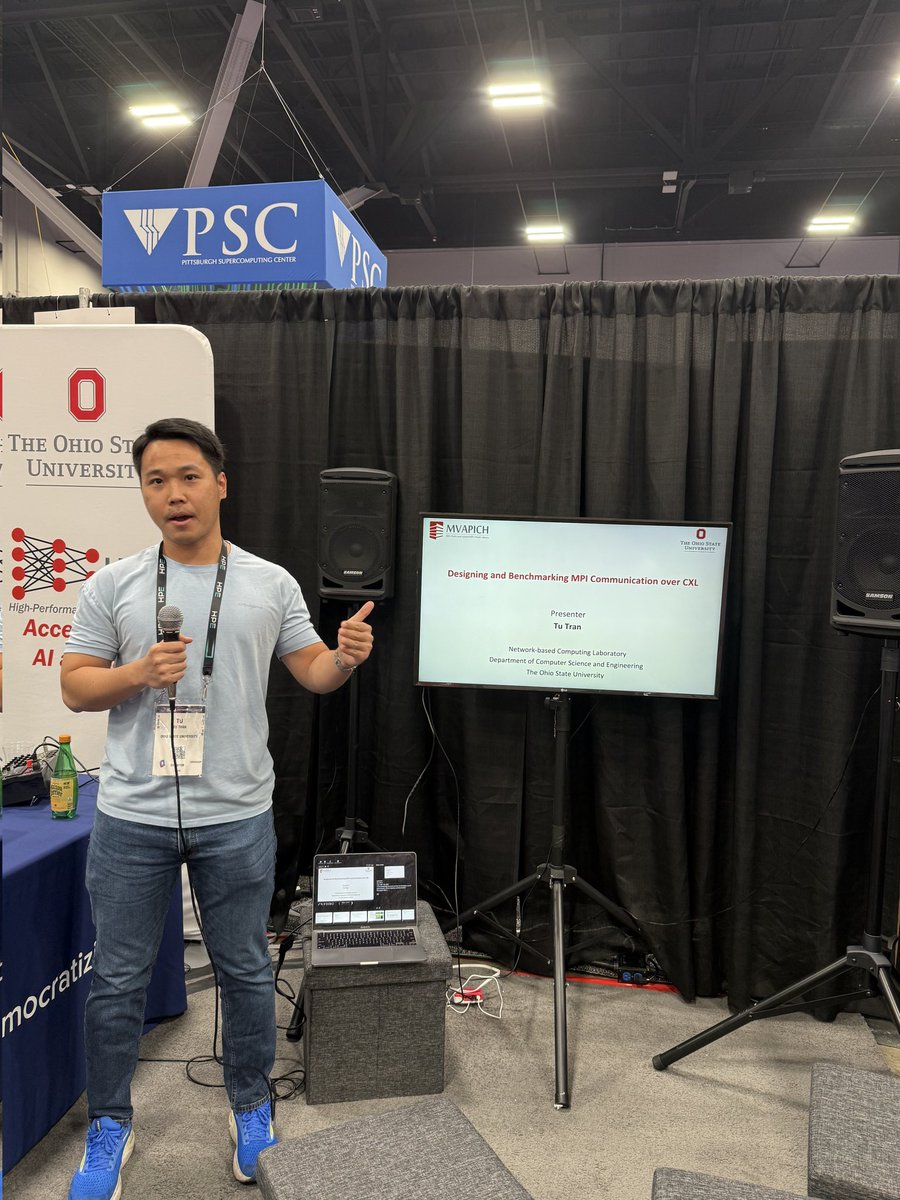 mvapich's tweet image. Kicking off many of the students talks at our #SC25 booth is PhD Student Tu Tran, focusing on #MPI apps running over #CXL hardware for #HPC and #AI!! Keep coming by to booth 414 for more talks from academia and industry who have helped empower the @mvapich team!