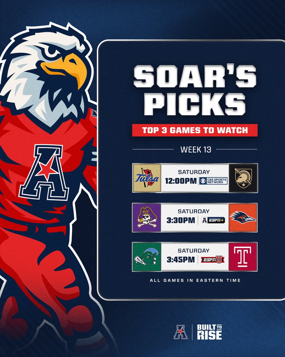 🦅 Soar’s Week 13 Games To Watch🔥

I gotta get more TVs to watch all these games😂

1⃣ <a href="/TulsaFootball/">Tulsa Football</a> vs. <a href="/ArmyWP_Football/">Army Football</a> 
2⃣ <a href="/ECUPiratesFB/">ECU Football</a> vs. <a href="/UTSAFTBL/">UTSA Football 🏈</a> 
3⃣ <a href="/GreenWaveFB/">Tulane Football</a> vs. <a href="/Temple_FB/">Temple Football</a> 

#BuiltToRise x #AmericanFB