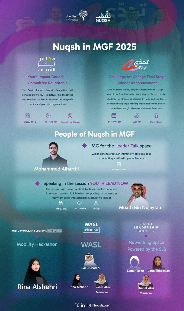 Nuqsh is proudly participating in the Misk Global Forum 2025, showcasing youth-driven impact through meaningful dialogue, and global connections.
We’re excited to highlight our members contributions across sessions, advisory roles, creative spaces, and innovation tracks.
#MGF25
