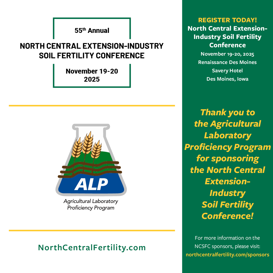 NorthCentralSFC's tweet photo. Thank you to The Agricultural Laboratory Proficiency Program for sponsoring the 55th North Central Extension-Industry Soil Fertility Conference. To learn more about the 55th NCSFC sponsors, visit: https://t.co/efeDWGb7ge 
#soilfertilityconference #55thNCSFC #NorthCentralSFC https://t.co/DvaMJauFm9