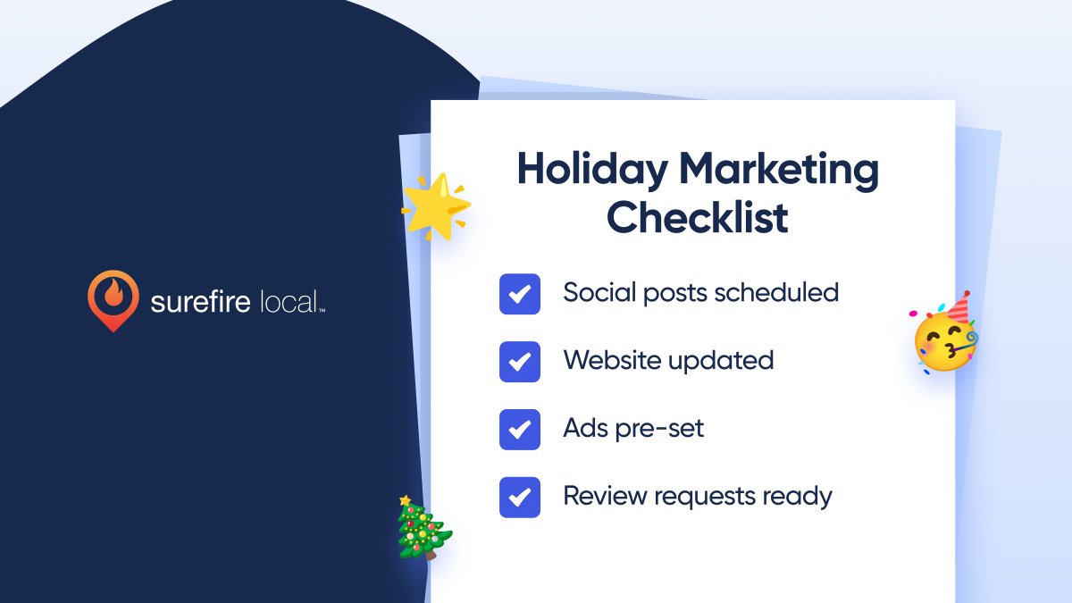 SurefireLocal's tweet image. Ready to survive (and thrive) this holiday season?

✅ Schedule social posts
✅ Update holiday hours everywhere
✅ Pre-set ads for Black Friday/Small Biz Saturday
✅ Automate review requests

Not checked off yet? Our platform can help 👉 surefirelocal.com/software/platf…