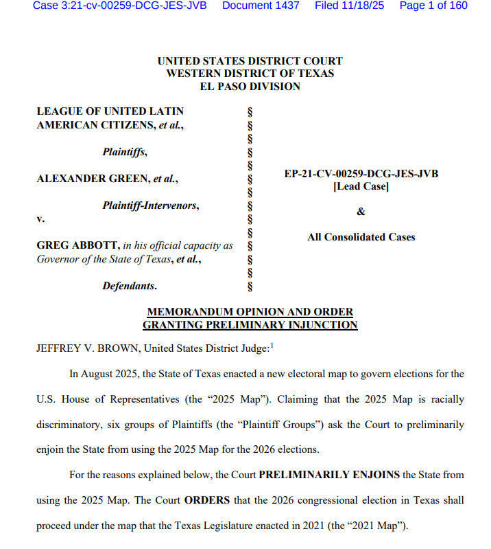 LSPmatt's tweet image. Breaking: Court Blocks Texas Map.

The racist instincts and cowardly nature of @GregAbbott_TX &amp;amp; TX R leaders in the Legislature are exposed. They mounted a hostile and illegal racial attack on Texas voters. The Court has called them out.