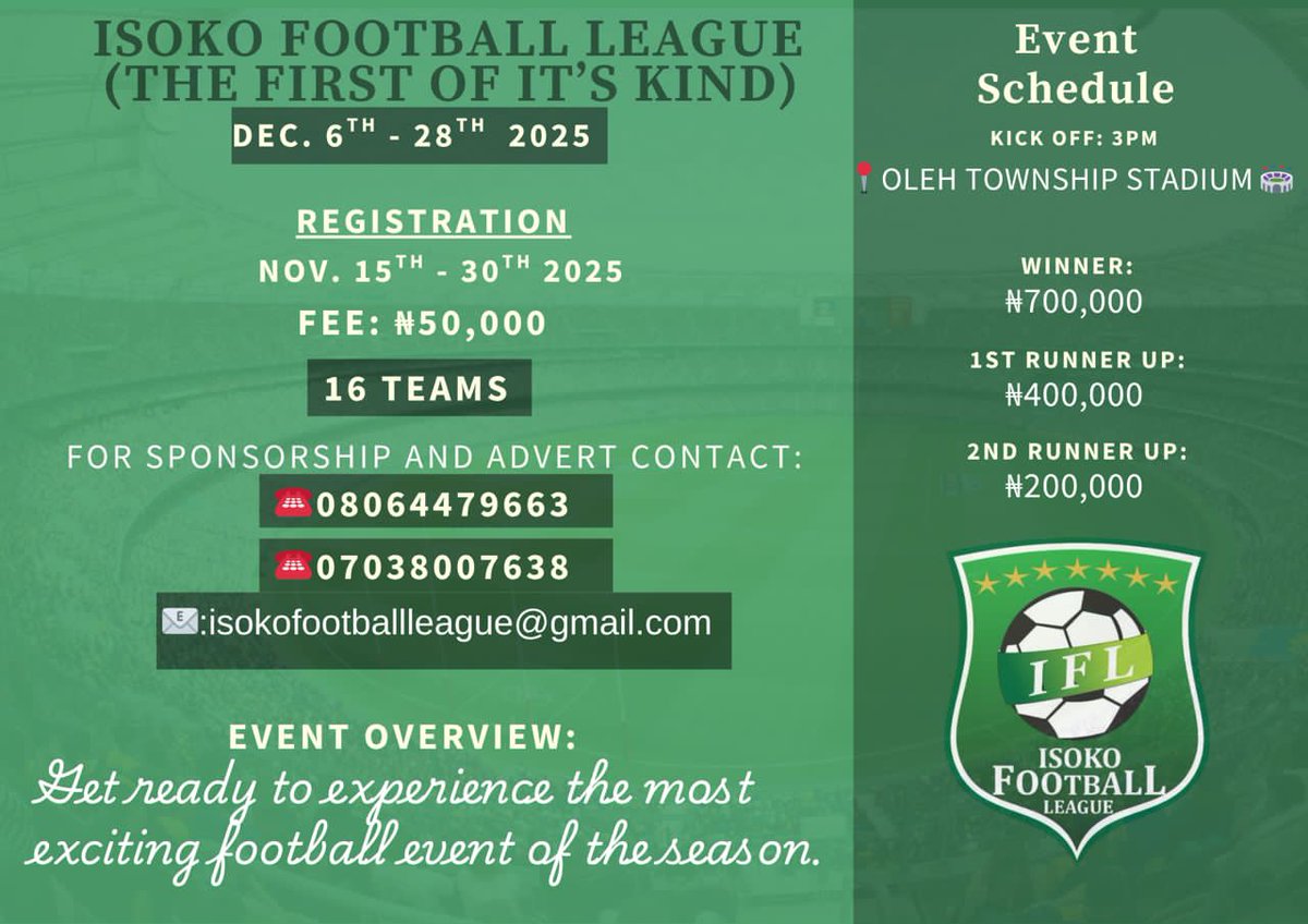 IsokoFootball's tweet image. Our Inaugural Season kicks off on the 6th of December, with 16 teams.

Registration: N50,000

Prize:
Winner- N700,000
2nd Place- N400,000
3rd Place - N200,000

More information on the flyer 

#IFL 
#IFL2025
#IsokoFootballLeague
#Isoko
