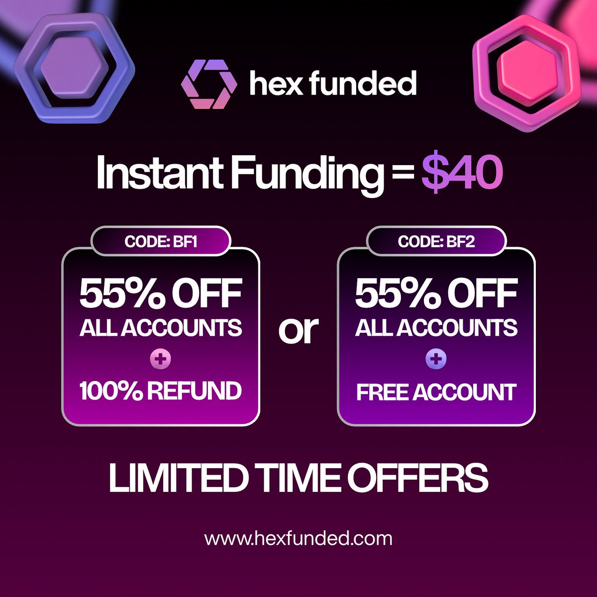 2 CODES… 2 HUGE OFFERS ‼️

We’ve started early, these offers are live now 💥

Plenty more to come so keep your eyes peeled 👀 

Get started today 👉 hexfunded.com