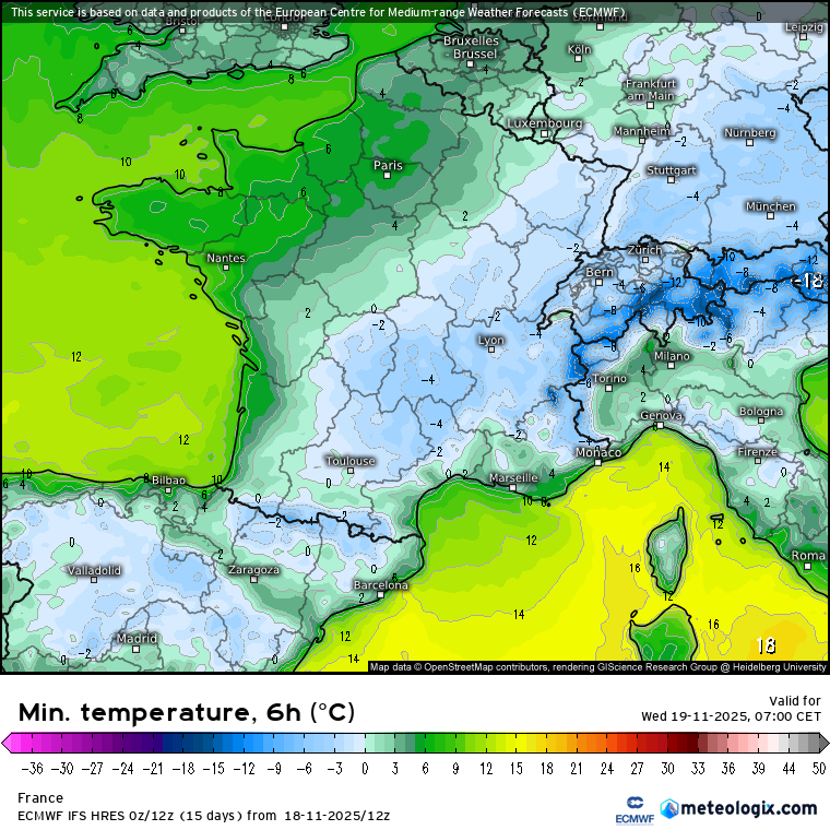 Meteovilles's tweet image. 🥶 Nouvelles #gelées attendues la nuit prochaine du sud-ouest aux régions de l'est avec fréquemment entre 0 et -5°C ce mercredi 19 novembre 2025 à l'aube. Valeurs les plus basses vers le #MassifCentral et dans les vallées des #Alpes. (via meteologix.com)