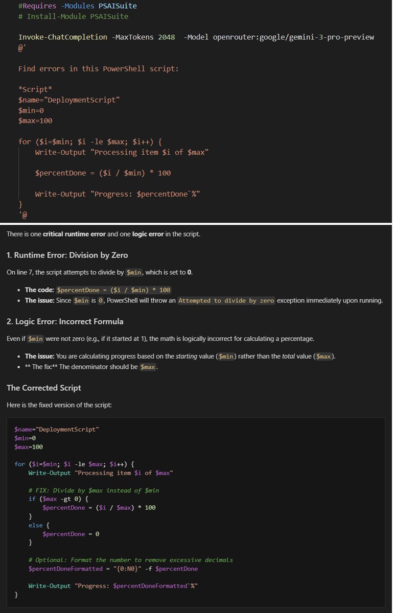 dfinke's tweet image. Gemini 3 Pro uses dynamic thinking by default to reason through prompts.

Here you can see it in action in a #PowerShell script anlayzing a PowerShell for errors.