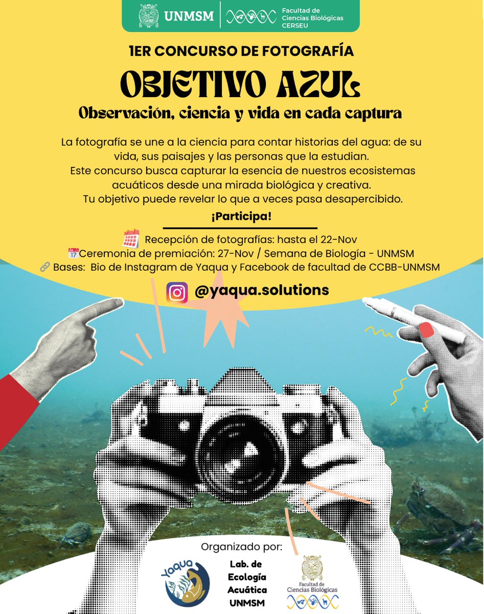 BioUNMSM's tweet image. 📸💙 ¡Participa en el 1.er Concurso de Fotografía “OBJETIVO AZUL”!
📅 Recepción de fotografías: hasta el 22 de noviembre
🏆 Ceremonia de premiación: 27 de noviembre – Semana de Biología UNMSM
📄 Bases del concurso: drive.google.com/file/d/1QeTVpo…
