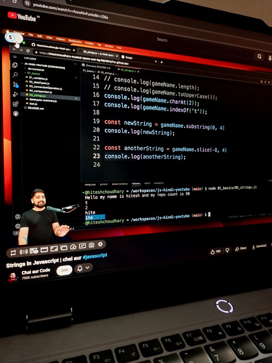 Komalkant_M's tweet image. Day : 10/30 Days of Code🚀
#30DaysOfCode #30DaysOfLearningJava

Watched the 10th Video of Java by chai aur code  @Hiteshdotcom @ChaiCodeHQ. Learnt how string works in javascript.