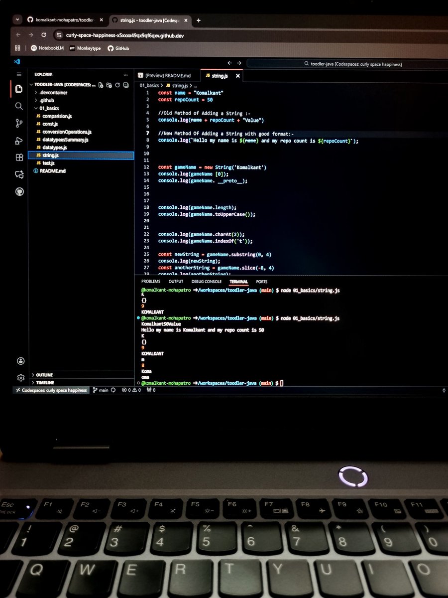 Komalkant_M's tweet image. Day : 10/30 Days of Code🚀
#30DaysOfCode #30DaysOfLearningJava

Watched the 10th Video of Java by chai aur code  @Hiteshdotcom @ChaiCodeHQ. Learnt how string works in javascript.