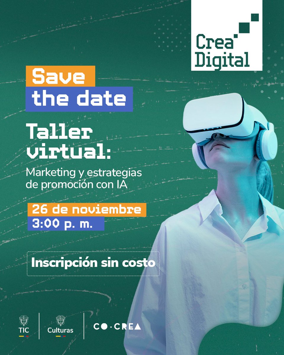 CocreaOrg's tweet image. 🤖 IA para crecer audiencias

🗓️ 26 Noviembre
🕒 3:00 p. m.
💻 Taller virtual

Registro gratuito 👉 forms.office.com/r/ZDZm1u0DTg

Transmisión por YouTube y Facebook
@Ministerio_TIC  @mincultura  @DACMI_Cultura