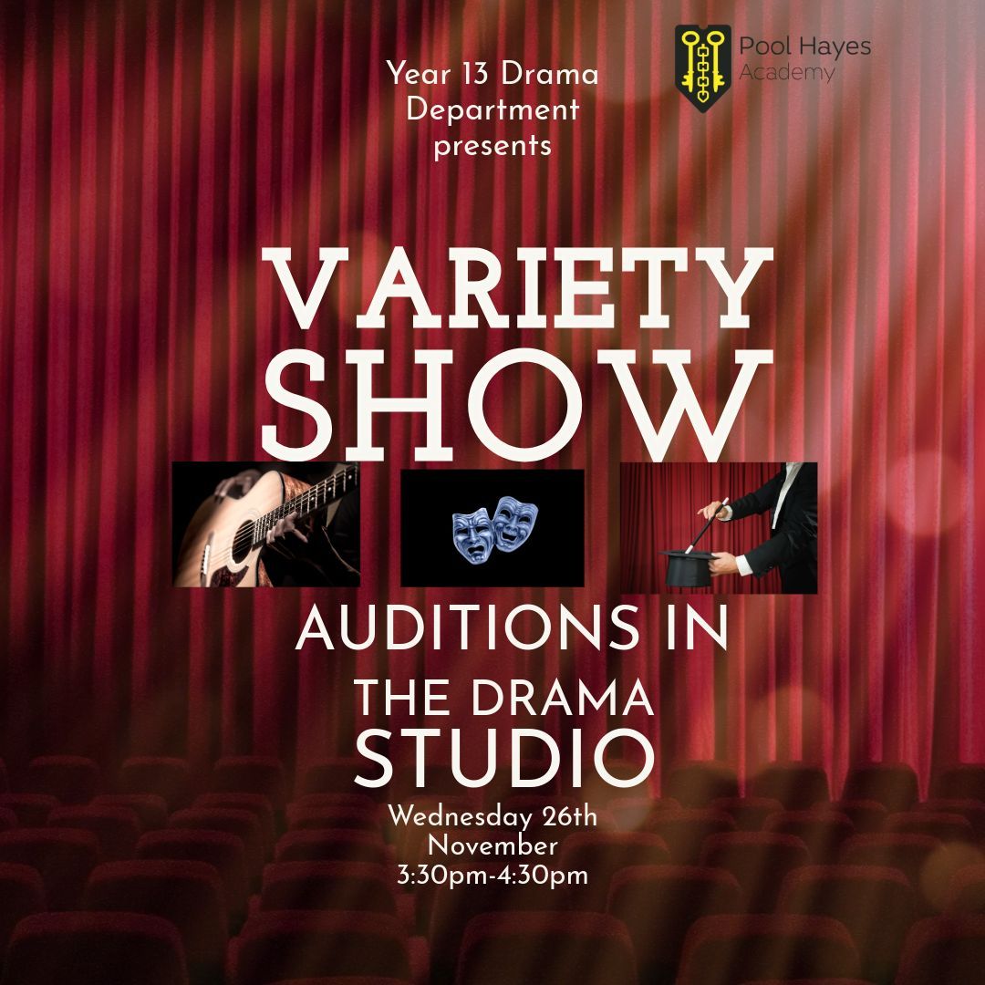 Our Variety Show auditions will take place on Wednesday 26th November in the Drama studio, 3.30-4.30pm. 

Come and show us your variety of talents from juggling, to hula hooping, to magic, or even stand up comedy! All talents are waiting to be discovered. 

See you there! 🪄