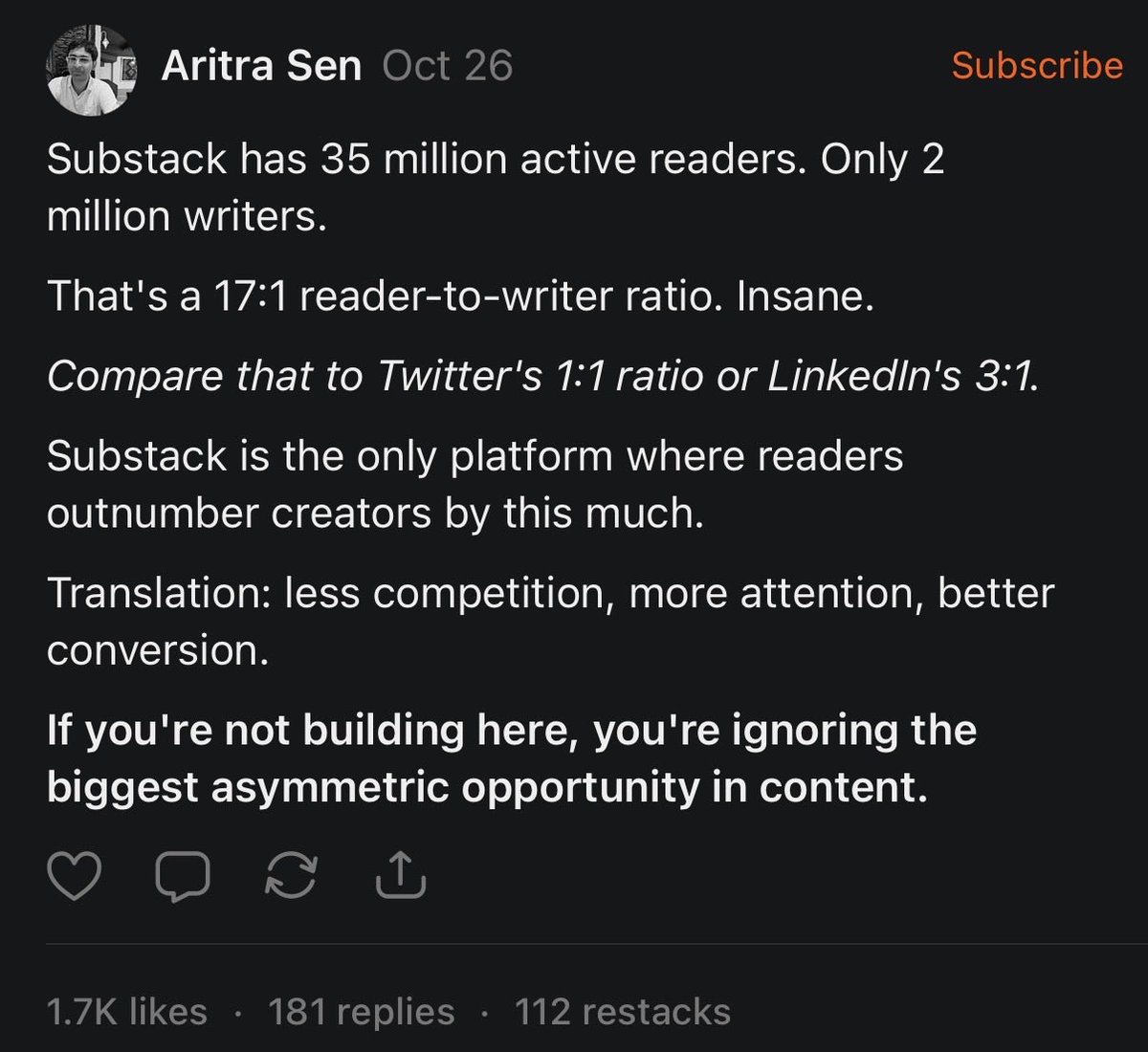 omarwasm's tweet image. 17:1 reader-to-writer ratio

This is like starting on TikTok in 2018