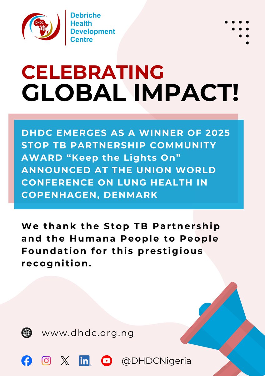 DHDCNigeria's tweet photo. 18-11-2025
1/6 - DHDC recieves Global recognition in the fight against Tuberculosis during 2025 World Union Conference on Lung Health - Copenhagen Denmark.

#WCLH2025 #UnionConf #TB #GlobalHealth #YesWeCan #EndTB https://t.co/BRYSMXfZYR
