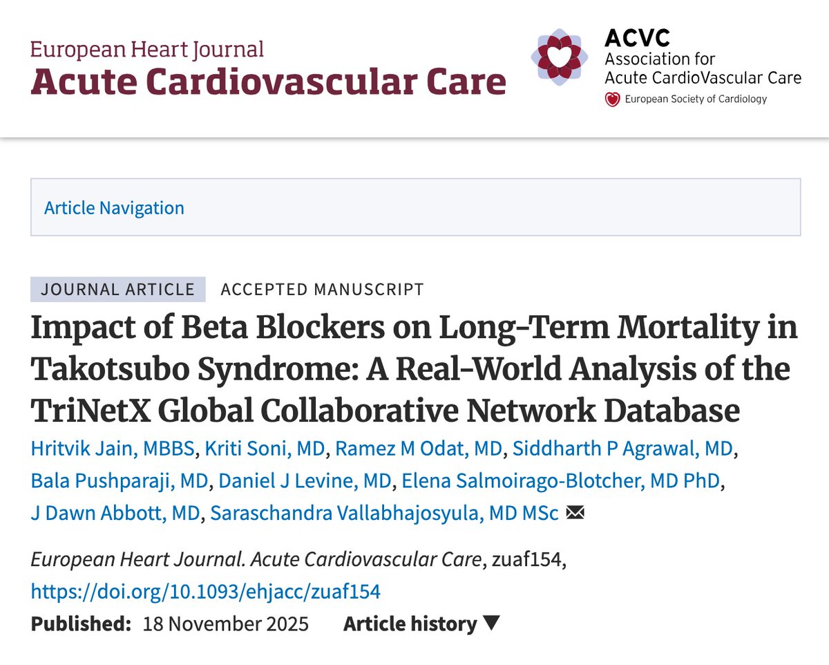 Among 28k patients with Takotsubo cardiomyopathy, beta blockers led to a ⬇️ in mortality! Check out our latest analysis in EHJ ACVC. Grateful for the mentorship <a href="/SarasVallabhMD/">Saraschandra Vallabhajosyula, MD MSc</a> 🙏🏻!

<a href="/JDawnAbbott1/">J Dawn Abbott</a> <a href="/kritisoni99/">Kriti Soni</a> <a href="/RamezOdat1/">Ramez M. Odat</a> <a href="/dr_siddharthh/">Siddharth Agrawal</a> <a href="/BPushparaji/">Bala Pushparaji</a> <a href="/EHJACVCEiC/">EHJACVC Editor-in-Chief</a>