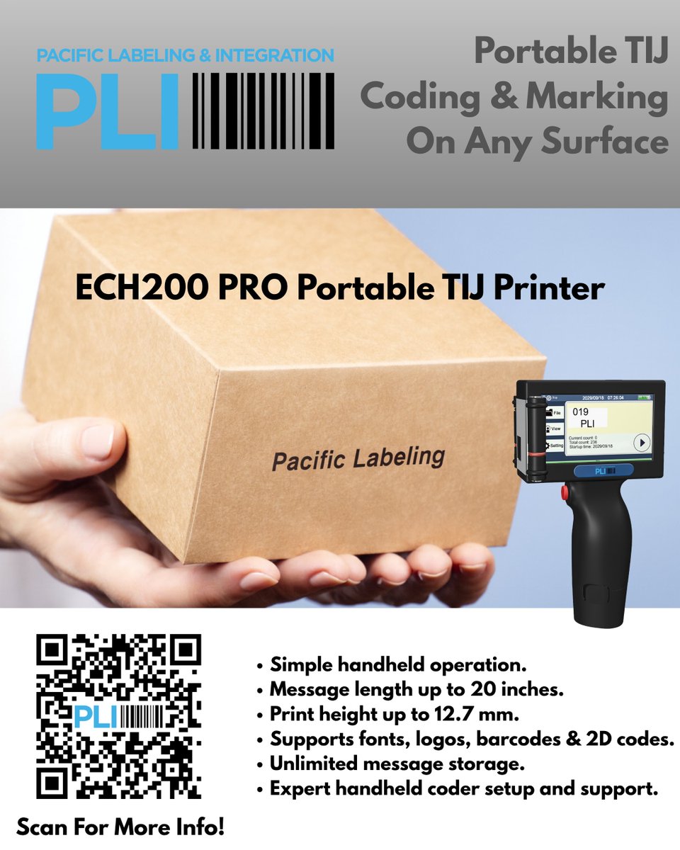 PLI_Integration's tweet image. High clarity handheld printing!

The NEW ECH200 PRO TIJ handheld printer!
Contact us:
(833) 424 9227
 info@pacificlabeling.com

#PacificLabeling #ECH200Pro #CodingAndMarking #TIJ #IndustrialPrinting #CaseCoding #CartonCoding #portableTIJprinting
