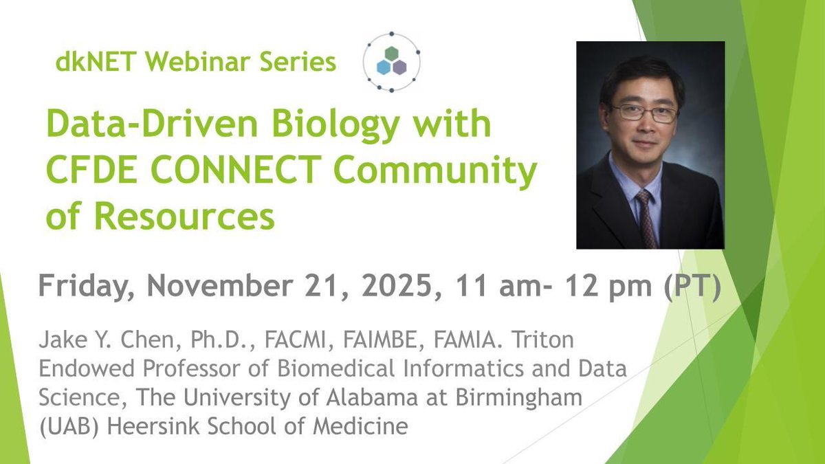 dkNET_Info's tweet image. *LIVE #dkNET Webinar on Friday, Nov. 21, 2025, 11 am PT with Dr. Jake Y. Chen presenting “Data-driven Biology with #CFDE CONNECT Community of Resources”
Link: dknet.org/about/blog/2873 
#bioinformatics #DataScience #diabetes #kidney #Alzheimers #cancer