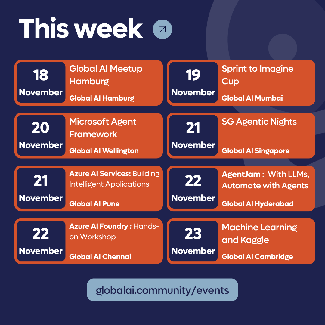 GlobAICommunity's tweet image. 🌍 8 events. 8 cities. One global AI community moving forward together.

From Hamburg and Mumbai to Wellington, Singapore, Pune, Hyderabad, Chennai, and Cambridge, our chapters are hosting meetups, workshops, and deep dives into agents, Azure AI, and machine learning.

Wherever…