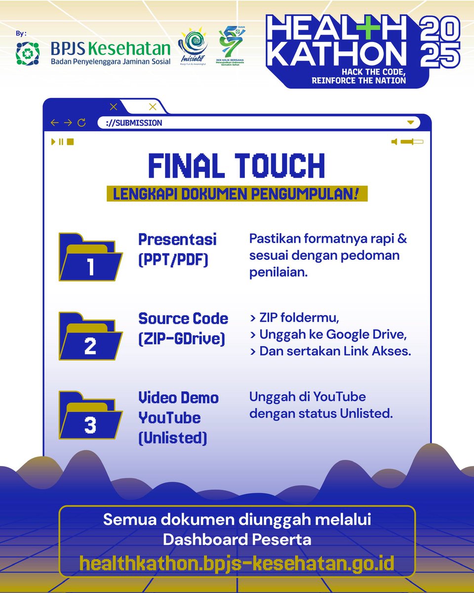 healthkathon_id's tweet image. Pastikan pengumpulan telah lengkap sebelum 22 November 2025 dan jangan lewatkan detail penting ini!

Semua dokumen diunggah melalui Dashboard Peserta di healthkathon.bpjs-kesehatan.go.id.

#Healthkathon2025 #BPJSKesehatan #HackTheCode #ReinforceTheNation #FinalSubmission