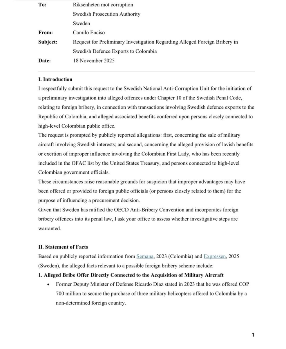 UltimaHoraCR's tweet image. #POLÍTICA | La Fiscalía Anticorrupción de Suecia recibió una solicitud del fundador del Instituto Anticorrupción de Colombia, Camilo Enciso (@camiloencisov), para investigar un posible soborno transnacional en la compra de los aviones Gripen por parte del Estado colombiano.…