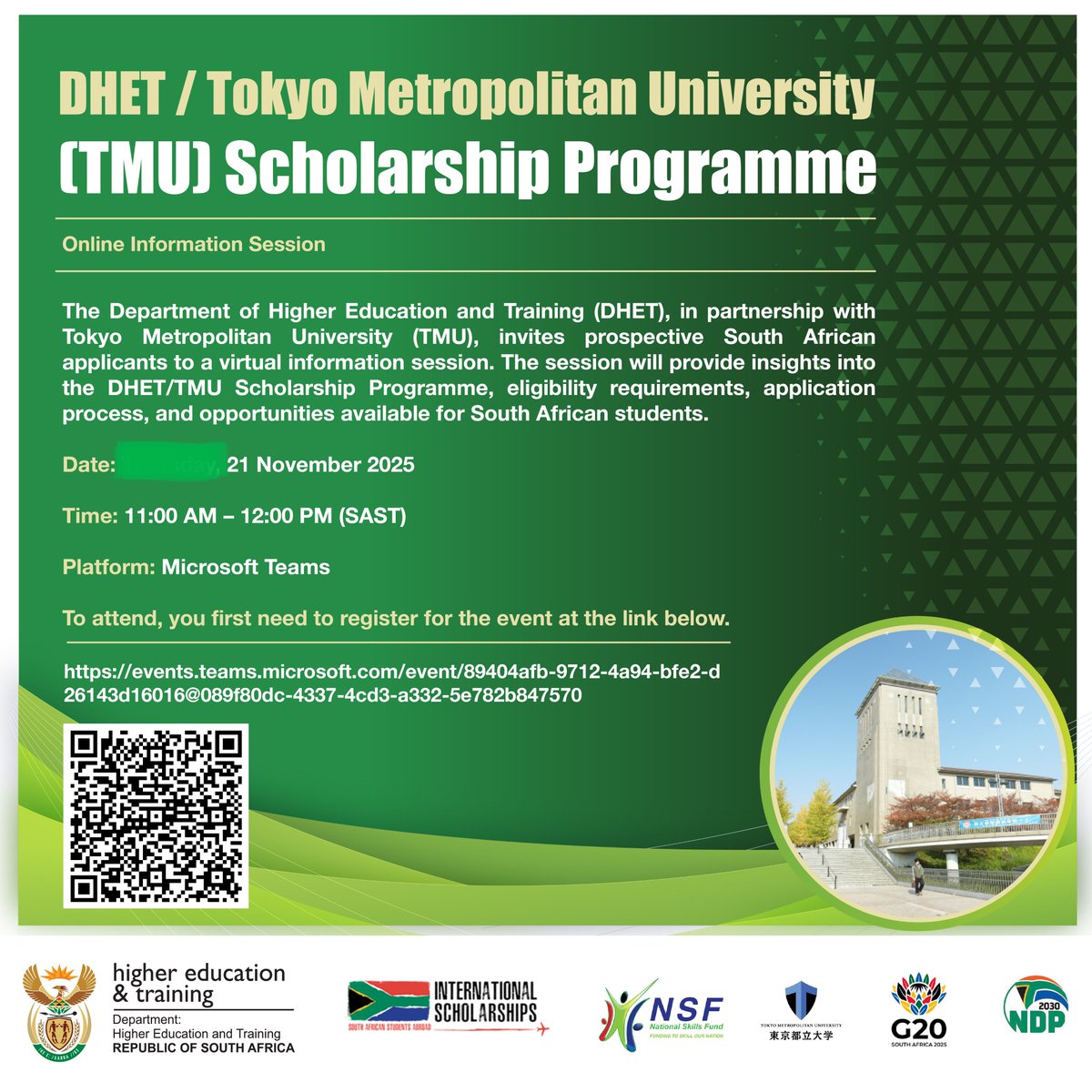 ScholarshipsZA's tweet photo. Information session on the DHET/TMU Scholarship Programme for Master’s &amp; PhD studies
Hear directly from TMU faculty representing  the graduate schools
🎓 Bio Sciences (PhD), Geography, Civil &amp; Env Eng, Applied Chemistry, Tourism
📆 21 Nov 2025 | 11:00 
👉 https://t.co/W5gjTNpI9s https://t.co/D6ulDIjhuY