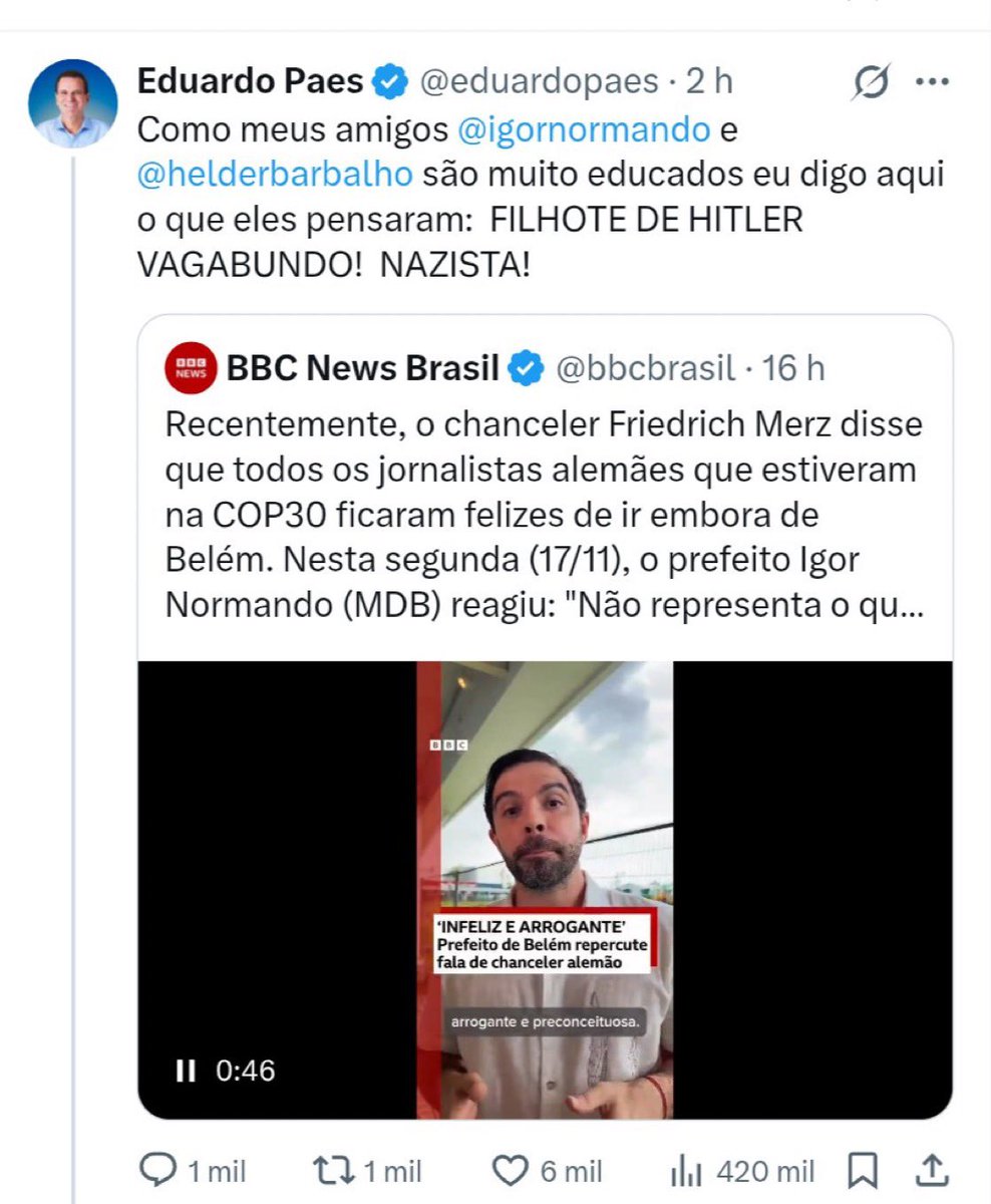 Eduardo Paes chamou o chanceler da Alemanha de filhote de Hitler!!!!!😲😲😲