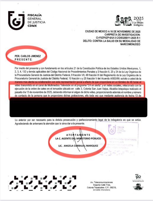 JucaNoticias's tweet image. #ULTIMAHORA 🚨

La @FiscaliaCDMX solicita a @c4jimenez revelar de dónde obtuvo un video difundido en su espacio televisivo.
Además de pedirle que revele sus fuentes, la Fiscalía le otorgó un plazo de 48 horas para atender la petición.