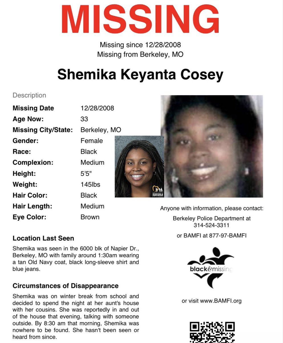 BAM_FI's tweet image. #Berkeley, #MO: The 17-Year-Anniversary of then 16y/o #ShemikaCosey’s disappearance is coming up. She was last seen in the 6000blk of Napier Dr with family around 1:30am wearing a tan Old Navy coat, black long sleeve &amp;amp; blue jeans on Dec 28, 2008. Shemika was on winter break from
