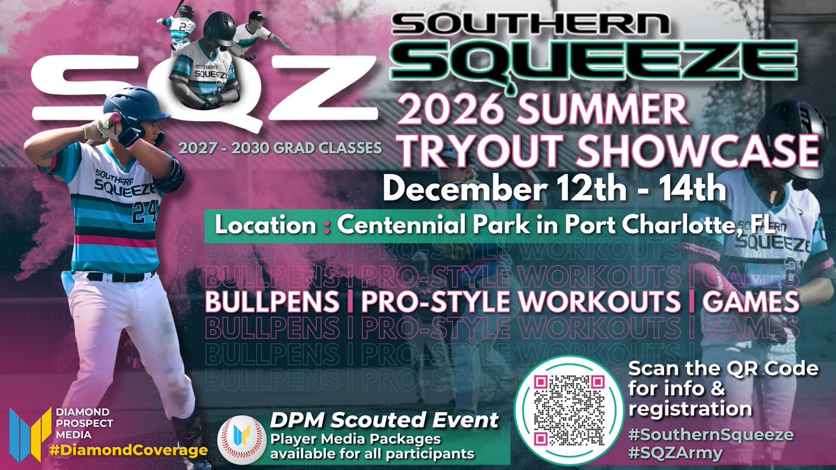 DiamondProMedia's tweet image. Excited to announce we’ll be in attendance for the upcoming @SQZBaseball 2026 Summer Tryout Showcase from December 12-14th! We’ll have full #DiamondCoverage throughout the event, player media packages available for all, and post-event content. More details to come soon! #SQZArmy