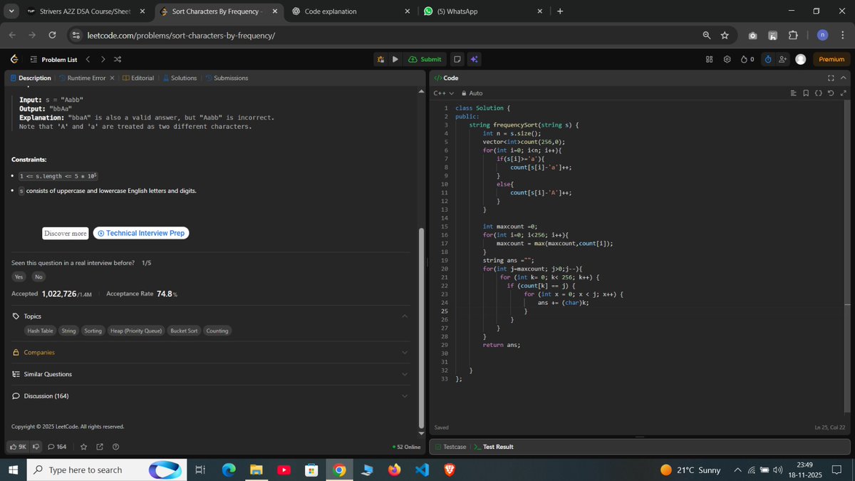 Navneetrajgupta's tweet image. Day 58/100 of #100DaysOfCode 
Solved Leetcode problem&quot; largest odd number in string&quot; and sort character by frequency (have some bug trying to fix it)
#DSA #LeetCode #CPP #Consistency