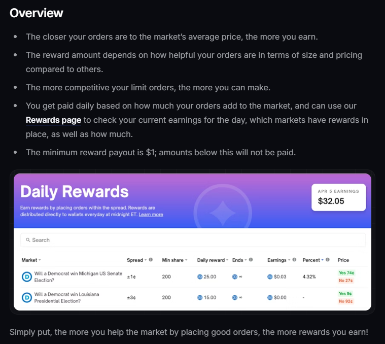 Dunky0x's tweet photo. How to become a top 1000 Polymarket user

(Within weeks)

I've been providing liquidity on @Polymarket for the past 3 weeks totalling $1481 in rewards

I farmed these rewards using only four figures in capital

This puts me well within the top 1000 liquidity providers on Polymarket ~ $699+ to be within the top 1000

My Setup

These rewards are split among 3 wallets:

- My main wallet (Manual) - $888 - Rank top 1000

Focusing on markets with larger reward pools using a larger amount of capital

- My stand wallet for safer markets (Automated) - $348 - Rank top 1600

Focusing on markets with medium - large reward pools with low volatility, using low 4 figures

- My stand wallet for riskier markets (Automated) - $245 - Rank top 2000

Focusing on markets with lower liquidity that are less contested, using 3 figures

How to earn

Here's the Polymarket overview

'Simply put, the more you help the market by placing good orders, the more rewards you earn!'

The same may be said for the upcoming airdrop

In order to earn you must place a limit order within the spread range, hover over the rewards button and it will highlight the order blocks that are earning

If the market is below a 90:10 ratio you can place an order on any side of the order book to earn, so markets 89:11, 88:12, etc..

If not

You must place an order on each side of the order book to start earning ~ this is the secret sauce they do not mention in the documentation

You may also use the same capital to market make on an unlimited amount of markets ~ more secret sauce

Check your market share and rewards earnt on the rewards tab. If your market share is too low either move the orders closer to the range or abandon the market for better opportunities. You can have unlimited markets but it's difficult to manage a large amount at the same time, cut the bad ones.

Market selection

Choose markets which you do not mind holding shares in, as your orders will inevitably get hit. No matter how much you move them to the outskirts of the spread range, news will drop or a large buyer will come in and fill your order.

I learnt my lesson on the Venezuela markets having left an order open overnight on Stand. One headline from Trump hit my order and nuked my shares, this resulted in a $1k loss for me. Basically I got Turkey'd

The aim of the game is not to become the Thanksgiving Turkey

This is why I prioritise liquidity provision on markets I don't mind holding shares in, once an order is filled simply set a limit sell and continue earning rewards

This also counts towards volume, see it as a positive - I have around $500k in volume from liquidity provision

Waiting for Opportunity

Market making forces you to be extremely active in order to manage your orders, so its best to focus on it when you see an opportunity

For instance market making the Mamdani market when the rewards were increased to the thousands yielded me $100+ per day, I could hide my orders behind large liquidity blocks and not get hit

The wise camel saw an opportunity with the Uni Cup markets and made $430 in one day 🤯

https://t.co/nJfiNzZOpu

You can earn a significant amount if you lock in on a good markets

Stand

@StandDOTtrade have a great feature that allows you to automate orders

https://t.co/1y59Gh9ZLd

This keeps them pegged at the level you choose from the midpoint

Essentially keeping your capital earning rewards without being hit, although your orders will inevitably be purchased by large buyers

This is a great way to earn rewards with much less effort, no need to sit at your PC manually moving orders all day

I use a smaller amount of capital as I aim to keep this running 24/7 and I can't be at the PC all the time to sell shares when my orders are hit

Future rewards

The rewards are a great bonus but come with great risk 

If you price in a $POLY airdrop at a conservative price of $10 per $1 in rewards the R/R is certainly worth it

Napkin Math:

$20 Billion FDV, 10% airdrop ($2 Billion), 10% of the airdrop to LPs ($200 Million), $20 million total lp rewards (currently $11.5 million), $200m/$20m = $10

I can see the liquidity rewards being greater post airdrop as they can seed the markets with $POLY incentives & $USDC

Other good liquidity providers:

@Khamul999 
@DoubleYuB 
@CryptoBC4 
@xbtRen 
@DannyT1502