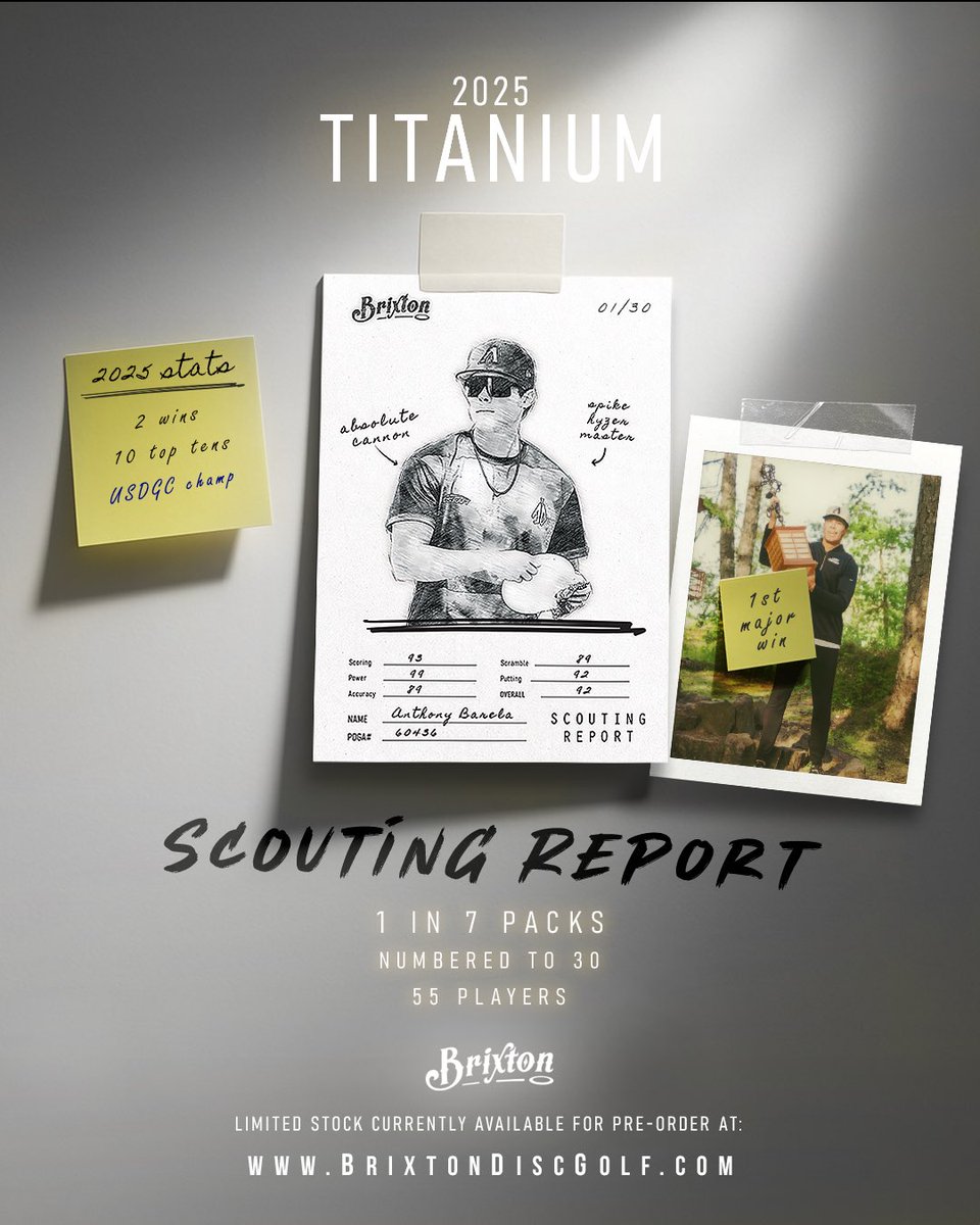Scouting Report rates each player using real stats in six different categories. Collect them all for the ultimate player breakdown. Created in collaboration with EdwinStats and found exclusively in Brixton Titanium.

#DiscGolf #DiscGolfCards 

brixtondiscgolf.com/product/2025ti…