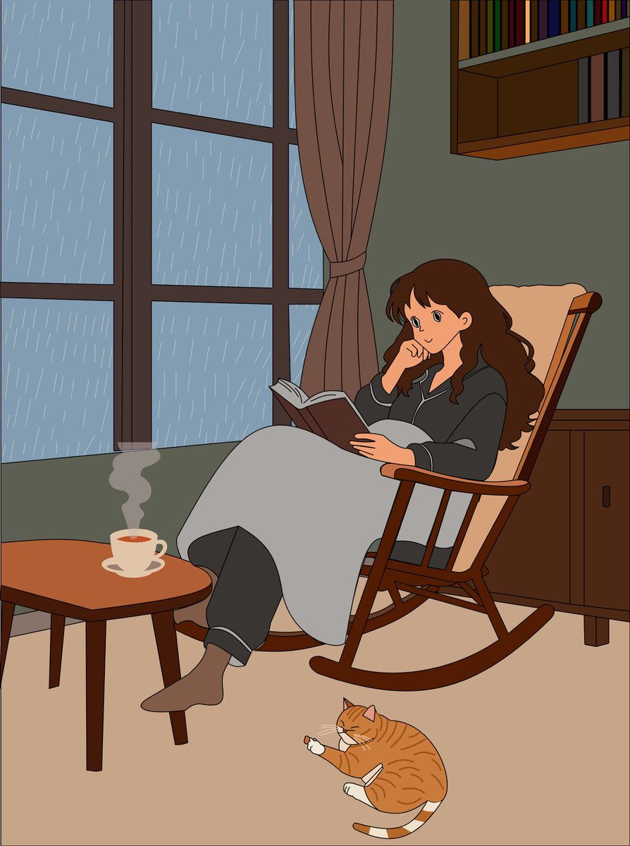 nehnyee's tweet image. Just finished a cozy rainy day illustration as the second submission of my illustration assignment.
Warm interior vs. cool rainy exterior… plus a book, a curled-up cat, and a cup of tea.
Loving the atmosphere in this one.
#illustration #motiondesign #rainydayvibes