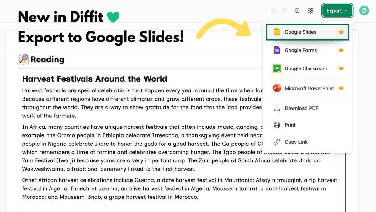 DiffitApp's tweet image. 📣 You asked and @DiffitApp listened! 💚

Now you can generate student-ready resources and instantly export them to Google Slides 🎉

Make your slides your own by:
🎨 Adding visuals or quick annotations during class
🧑‍🏫 Projecting passages for whole-group discussions
🧩 Mixing…