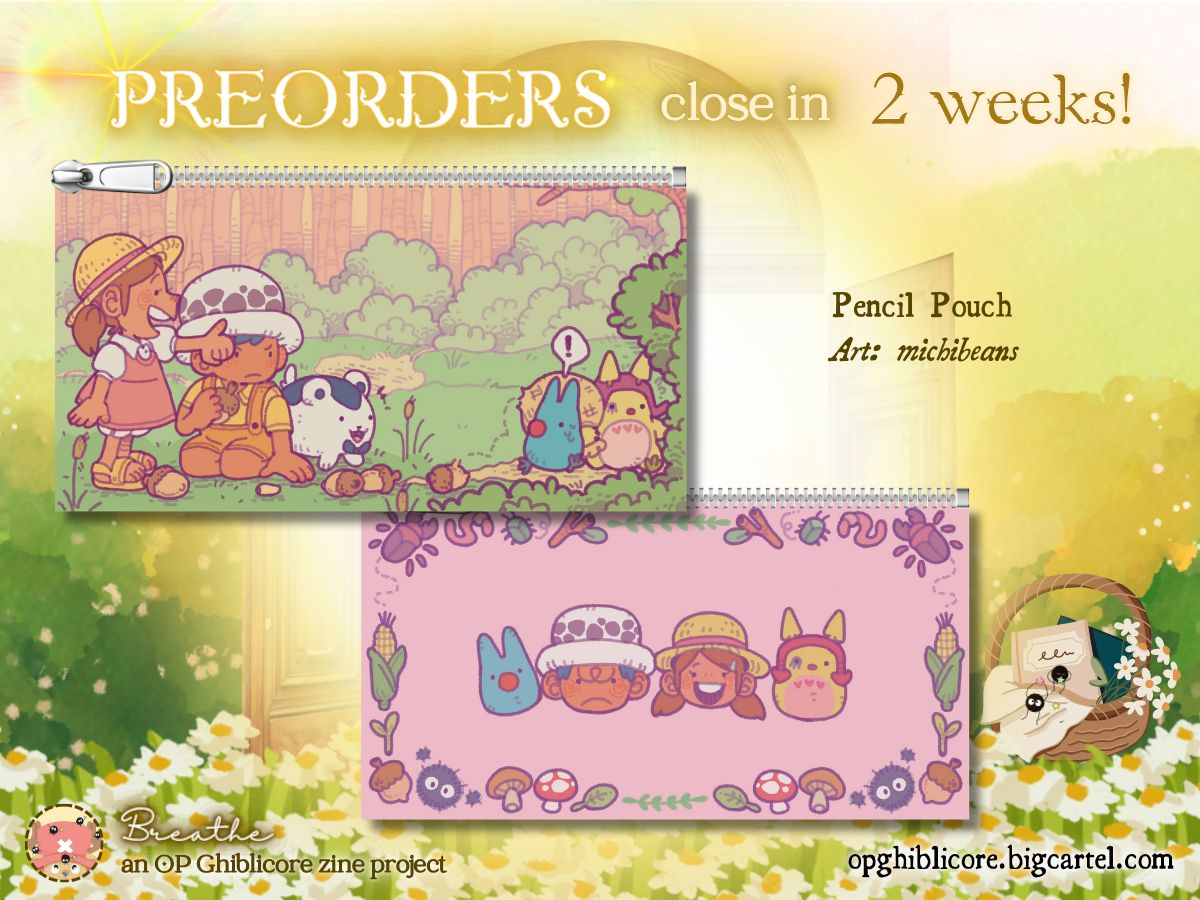 ✨ One Piece x Ghibli &amp; Cottagecore Preorders close in 2 weeks! ✨ 

🌿🌼 This adorable pouch by <a href="/michibeans/">Lawtino 🖖</a> is to die for! Whether for writing utensils or miscellaneous trinkets, Law &amp; gang will cheer you on everyday! 🌼🌿

 🛒: opghiblicore.bigcartel.com
