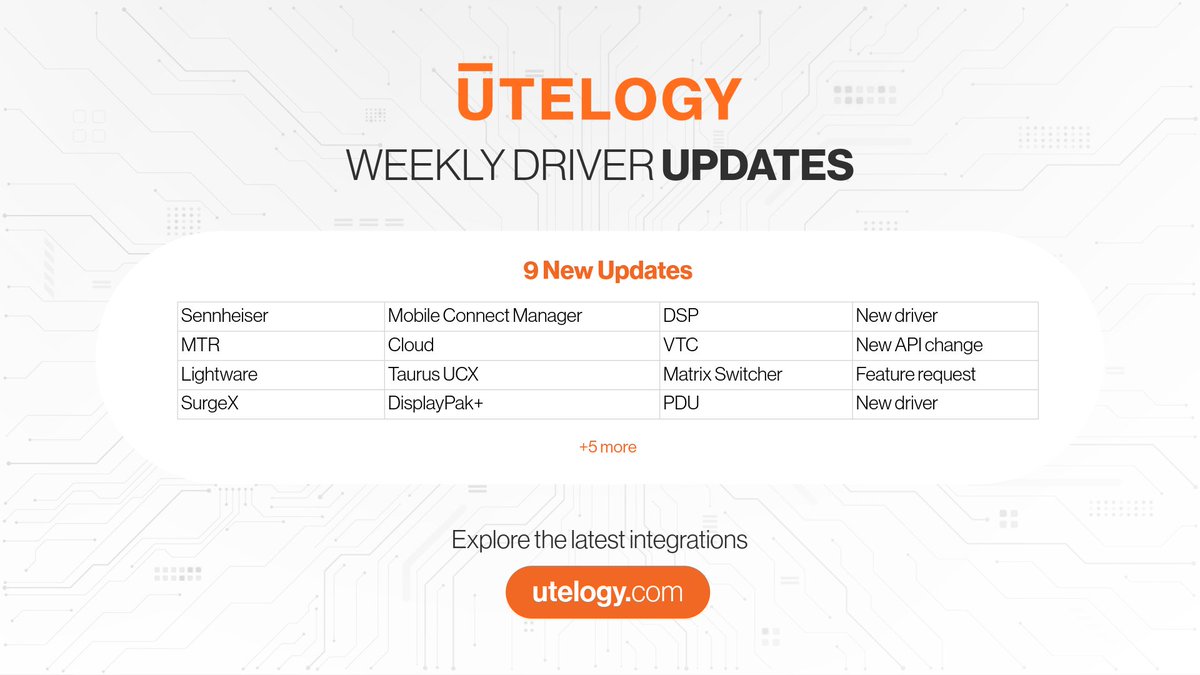 utelogy's tweet image. 🚀 This week’s Utelogy driver updates are live.
Get the latest supported devices + platform enhancements delivered straight to your inbox.

👉 Subscribe for alerts: utelogy.com/weekly-device-…

#Utelogy #AVIntegration #PlatformUpdates #DeviceManagement #SmartWorkspaces