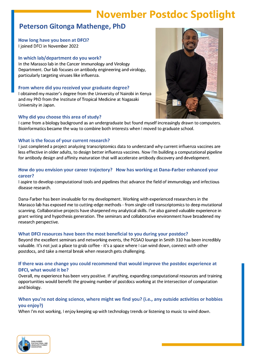 Please see our November 2025 Postdoc Spotlight, featuring Peterson Gitonga Mathenge, PhD!