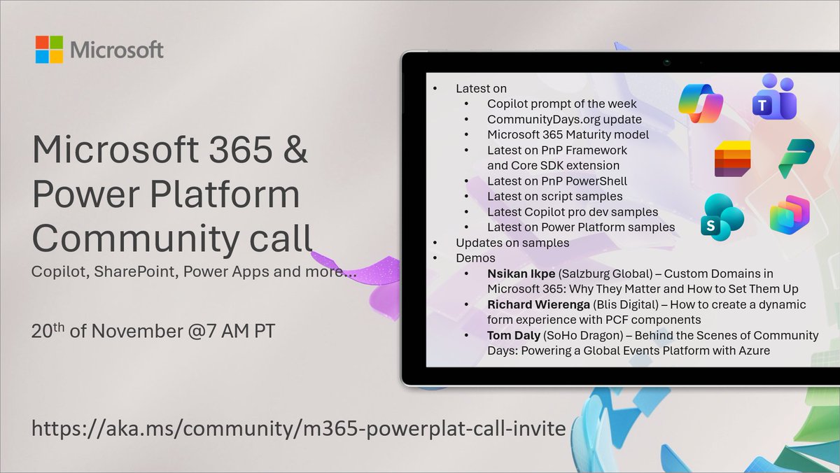SharePoint's tweet image. 📅 Agenda for the #Microsoft365 &amp;amp; #PowerPlatform Community call 20th of Nov

• The latest updates ⚡
• Focus this time on #Copilot, #PowerApps, and #PCF
• Presented by Nsikan Ikpe, Richard Wierenga, and @tomdaly

+more! 🚀

👋 Get the invite → msft.it/6016tOvJ6