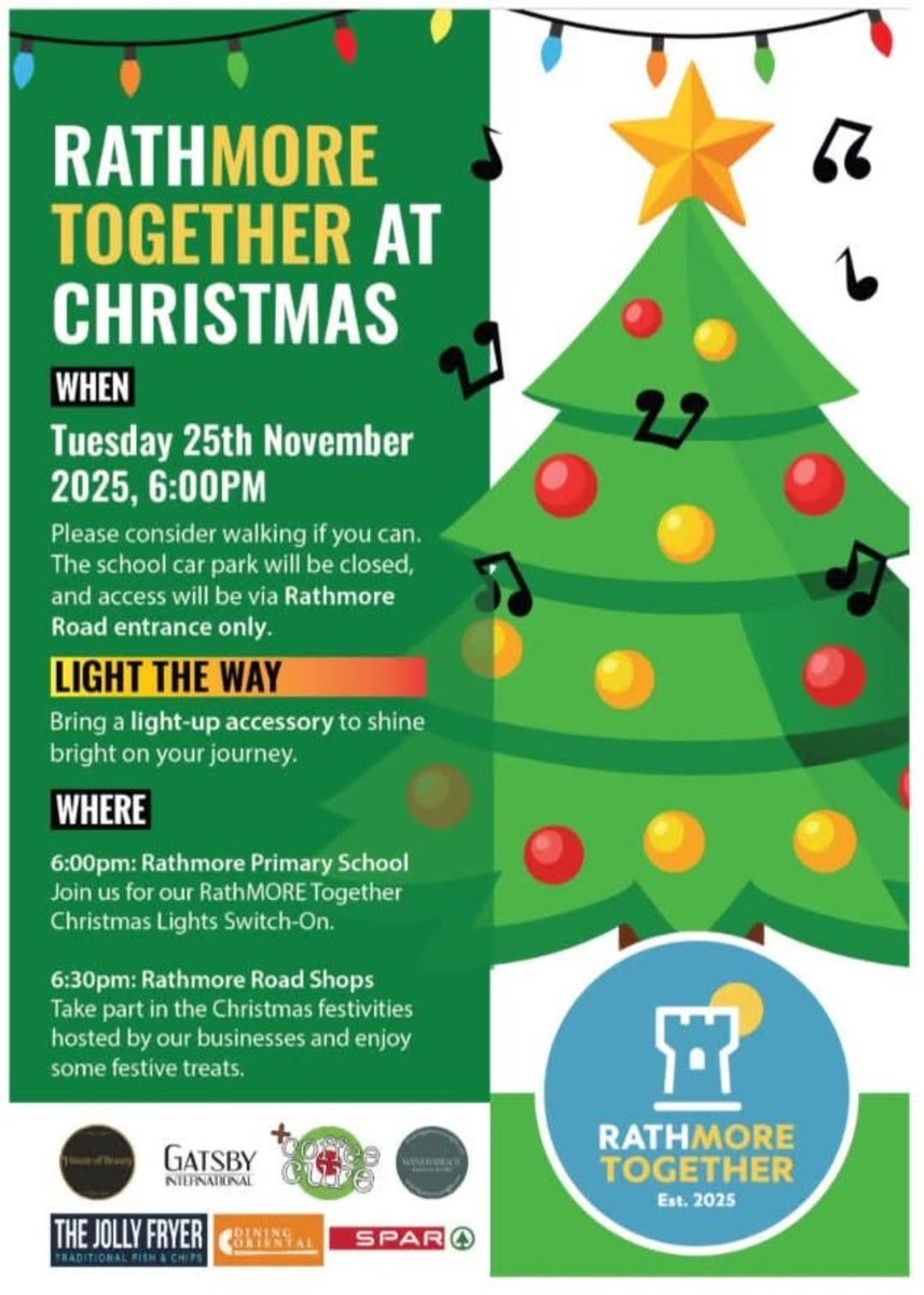 🎄 RathMORE Together at Christmas We are very excited for the festive season to begin! Join us on Tuesday 25th November at 6pm in Rathmore Primary School for our first ever RathMORE Together at Christmas event. It will be a community celebration to remember! 🌟