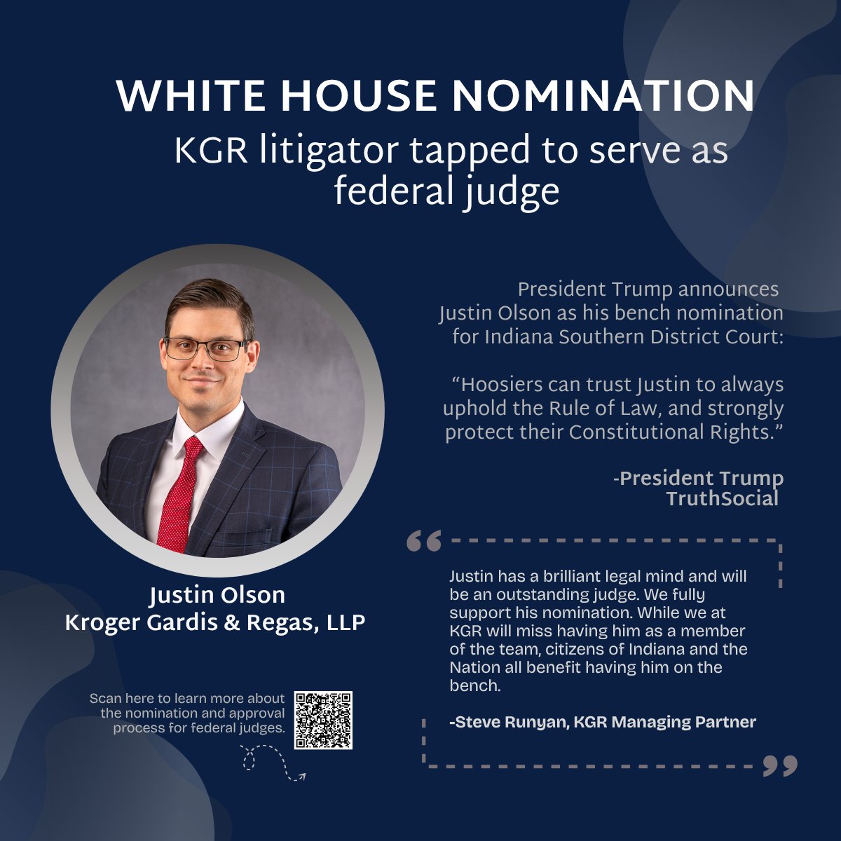 A huge KGR CONGRATULATIONS goes out to Justin Olson for his presidential nomination to the federal bench!
#kgrattorneys #trumpnominations #INSouthernDistrictCourt