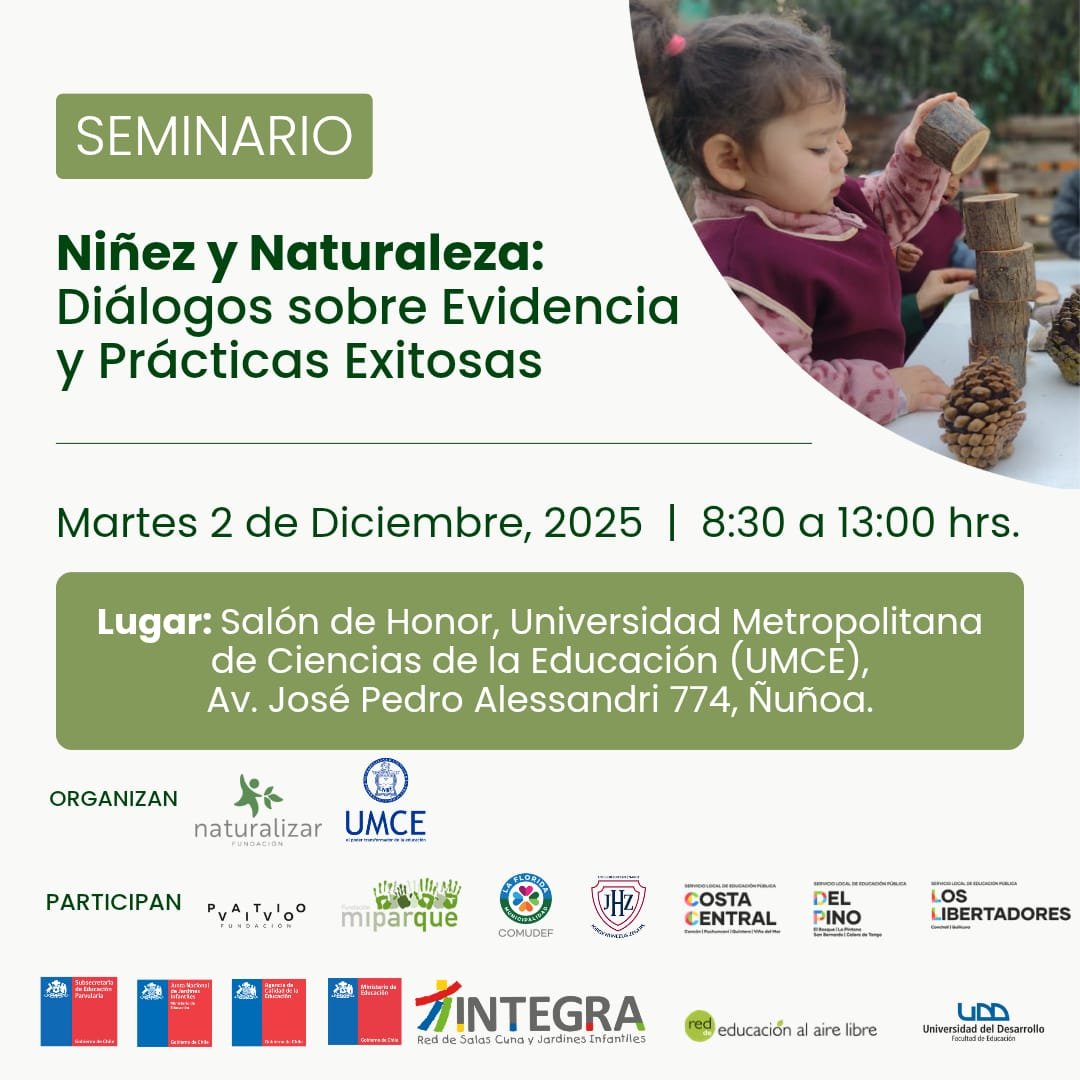SubEducParv's tweet image. Te invitamos al Seminario “Niñez y Naturaleza: Diálogos sobre Evidencia y Prácticas Exitosas”, organizado por Fundación Naturalizar y @umcecl.
Un espacio para conocer cómo la conexión con la naturaleza favorece el bienestar y aprendizaje de las infancias👉 forms.gle/heTZRWG2BeXuUF…