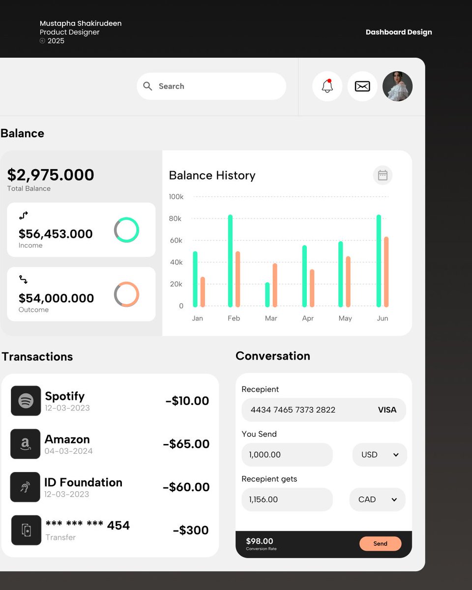 olas_ui_ux's tweet photo. Today, I designed a modern and minimal finance UI dashboard, crafted for smart data visualization and seamless user experience. With smart chart, clear data and intuitive navigation, managing finance has never been easier.
#dashboard #uxdesigners #uxdesign #uicards #uidesign #Ui https://t.co/LSqI5mWROu