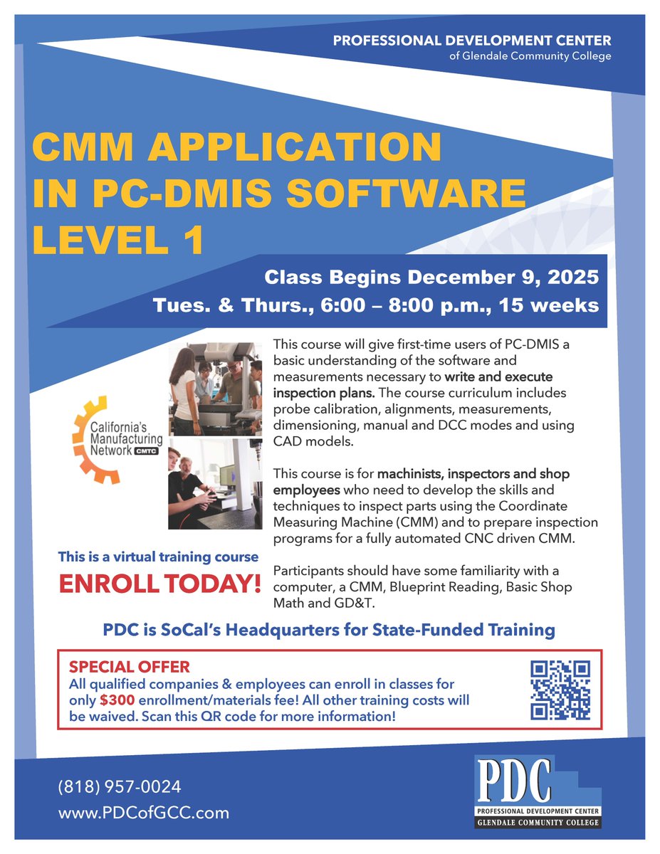PDCGlendale's tweet image. Contact us today to enroll in our upcoming CMM
Application in PC-DMIS Software Level 1 training course. Class begins December 9, 2025.
#cmm #manufacturing #machinist #cnc #cncmachining #pcdmis #pcdmissoftware #inspector #blueprint #trainingcourse #professionaldevelopment